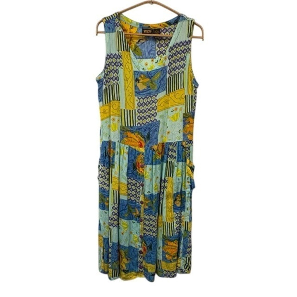 Bila‎ Blue Yellow Patchwork Floral Rayon Button Front Midi Dress Medium 90s Boho